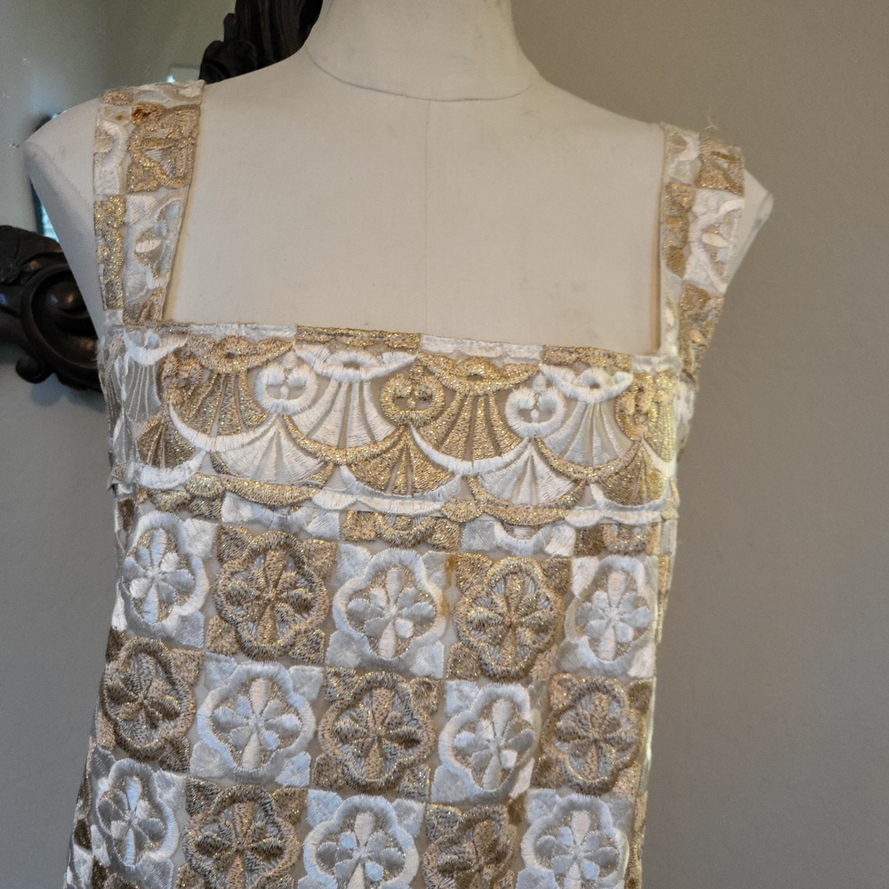 Gold and White Sleeveless Midi Dress With Matching Vintage  Jacket